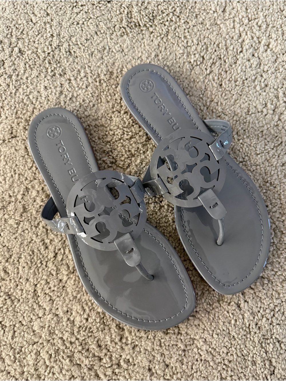 Tory Burch Malta Gray Patent Leather Miller Sandal